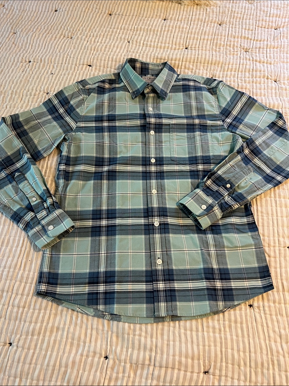 L.L. Bean Men's Teal and Navy Plaid Button-Down Shirt